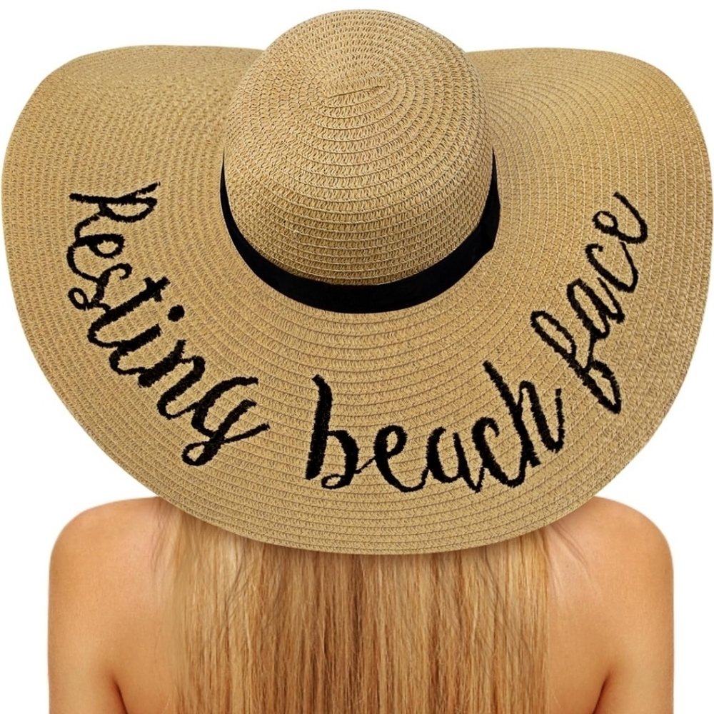 SUNS Embroidered Straw Hat for Outdoors, Summer Beach "Resting Beach Face" EUC